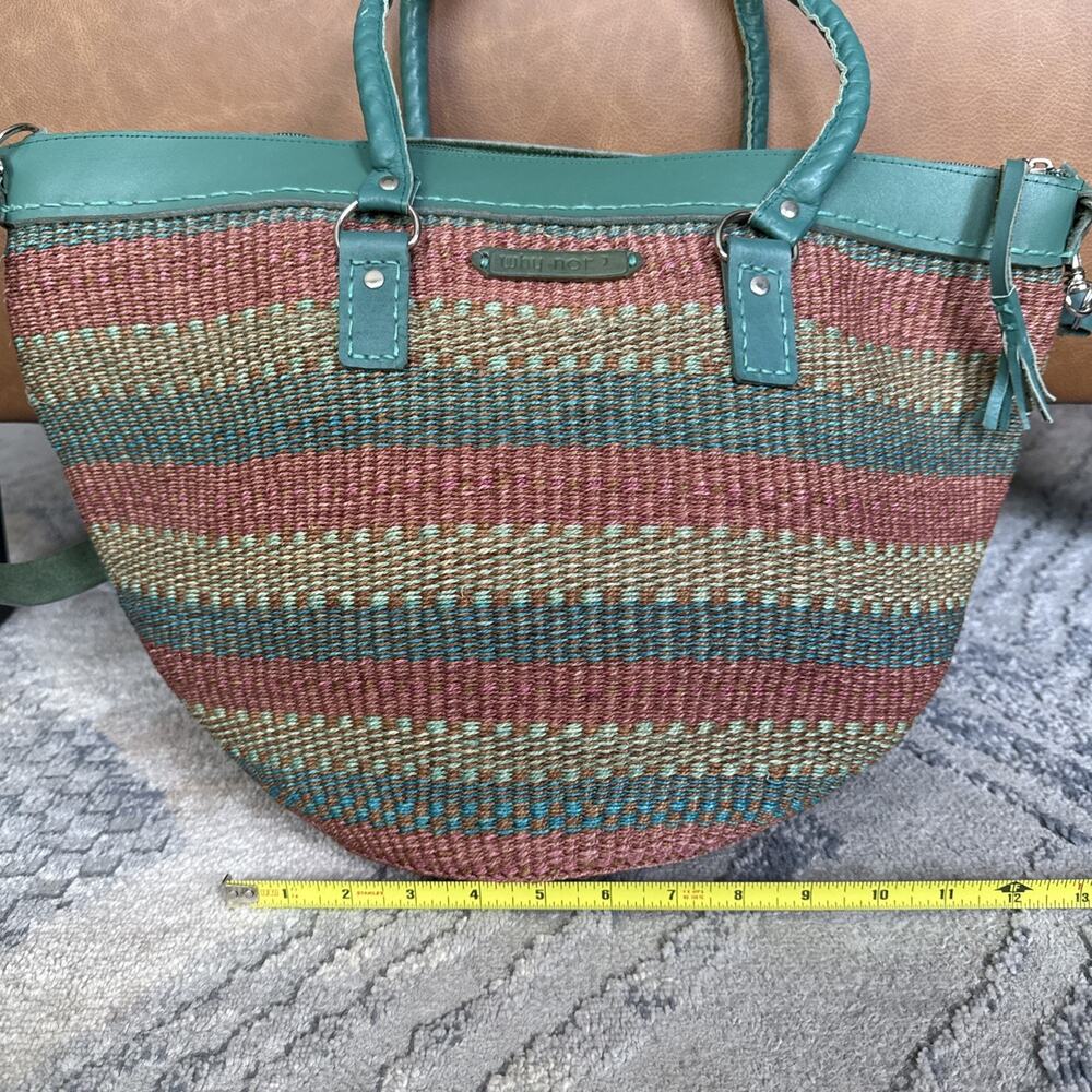 LEATHER & WOVEN SISAL Bucket Bag Tote "why not?" Multicolor - Picture 2 of 8